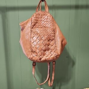 Woven Leather Backpack Purse- Tan